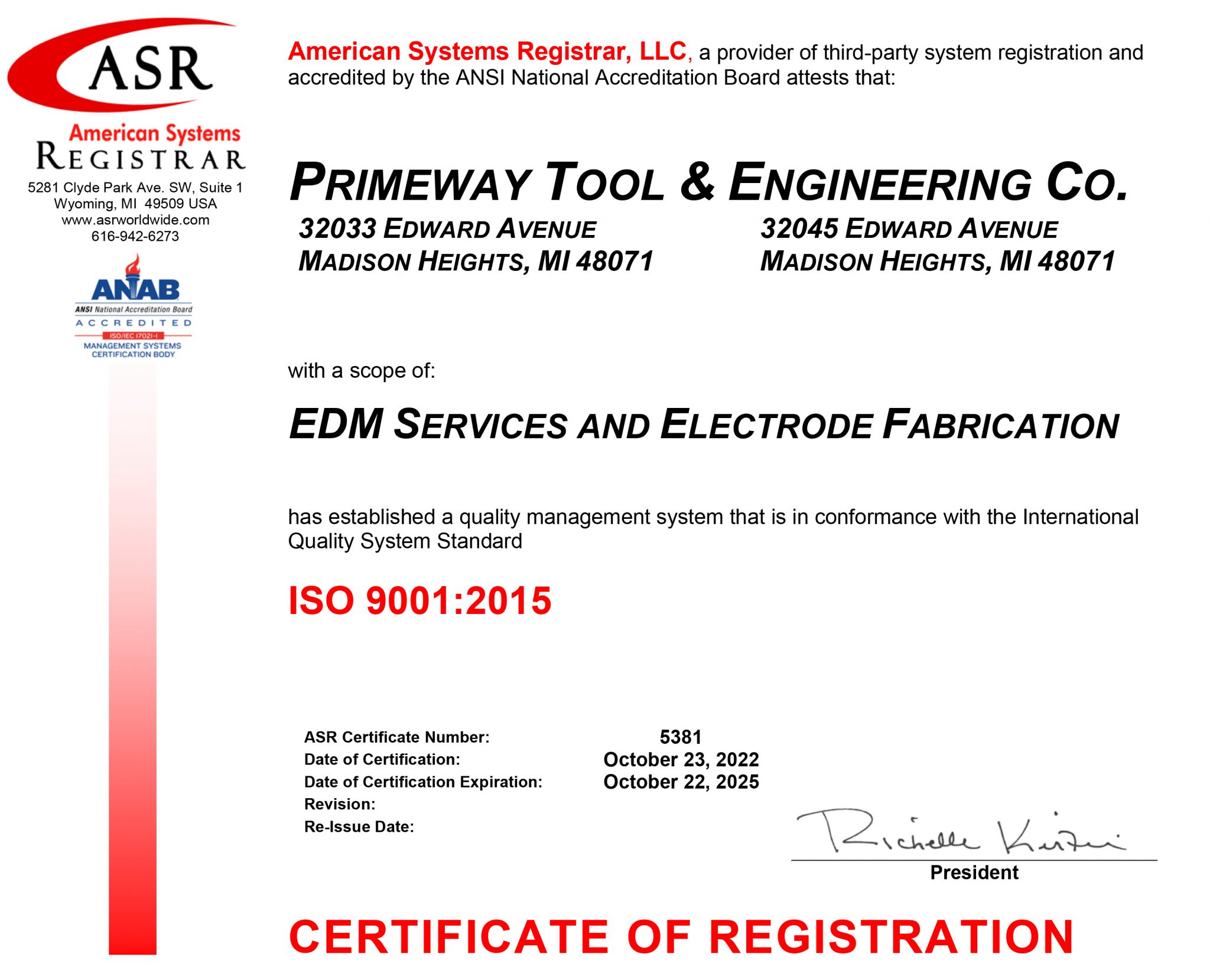 Certifications - Primeway Tool & Engineering